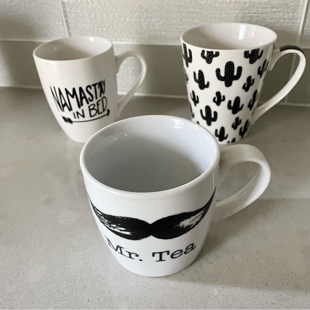 SET OF 3 Mugs Black + White Ceramic Cactus, ‘Namast’ay in Bed’, Mr Tea Cups